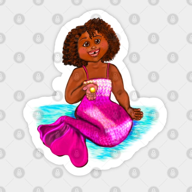 Little Magical rainbow mermaid has lost a tooth and got a coin from the tooth fairy, brown eyes, Afro hair in two puffs and caramel brown skin - light background Sticker by Artonmytee